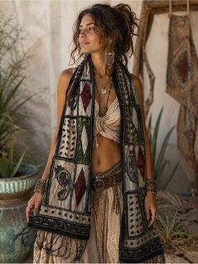 Vintage Velvet Embroidered Fringe Scarf Shawl Boho Festival Luxe
